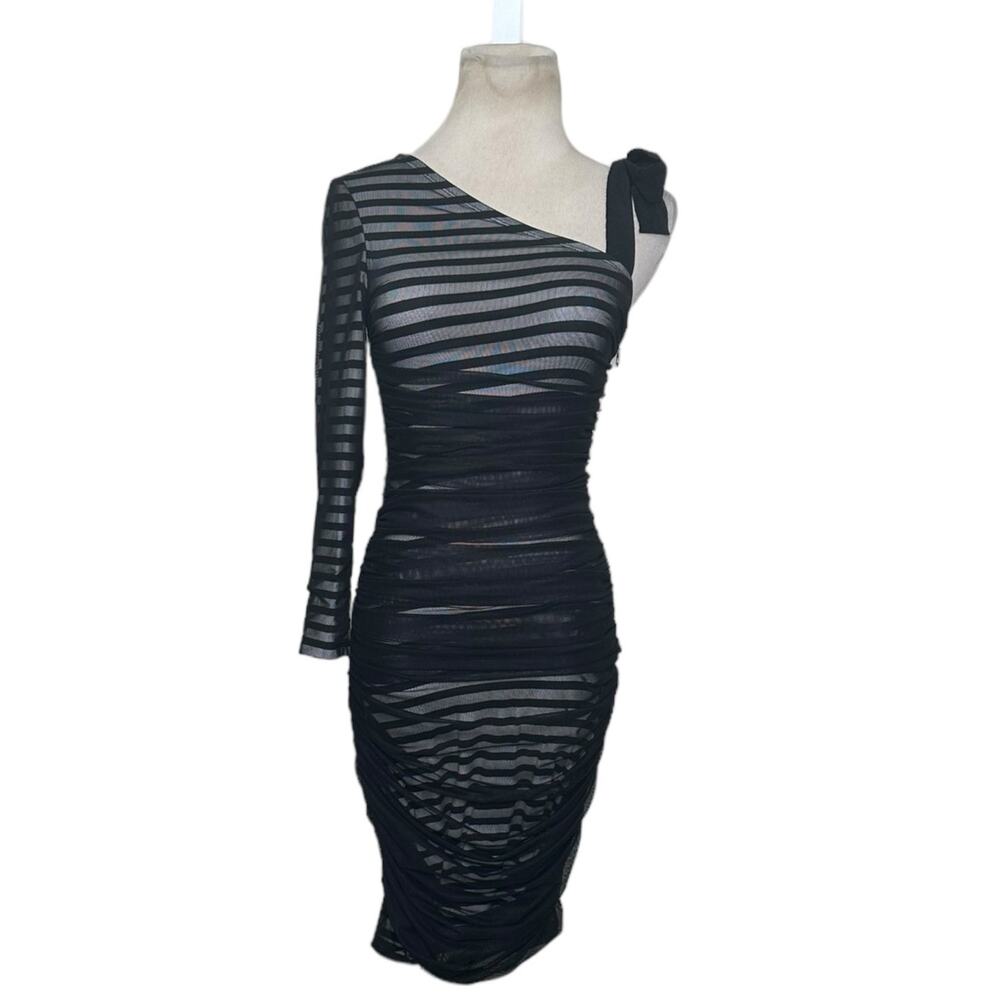 BCBGMAXAZRIA Black Striped One Shoulder Mesh Overlay Cocktail Dress size XS